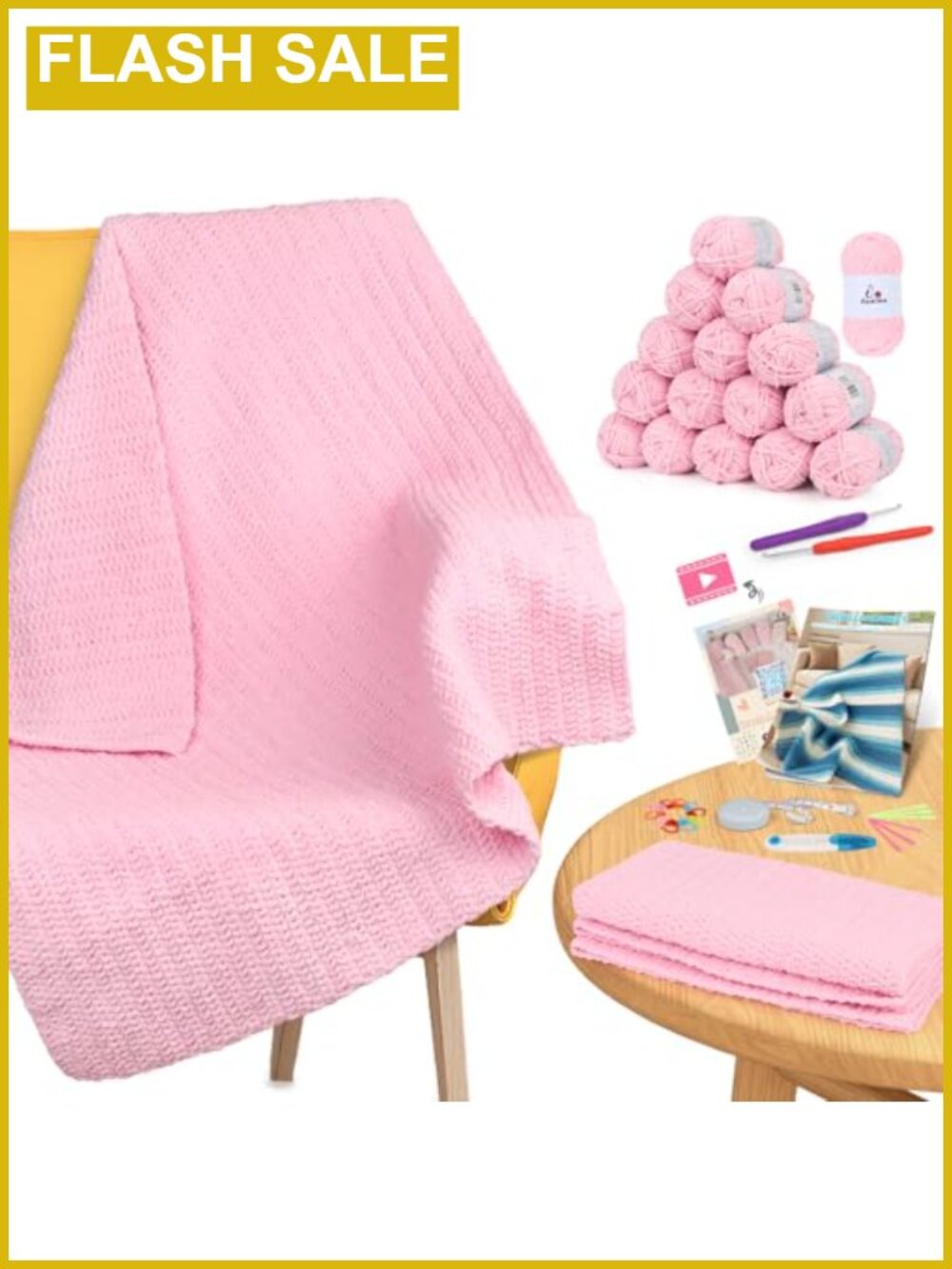 Crochet Blanket Kit for Beginners Chenille Yarn Video Tutorials Gift